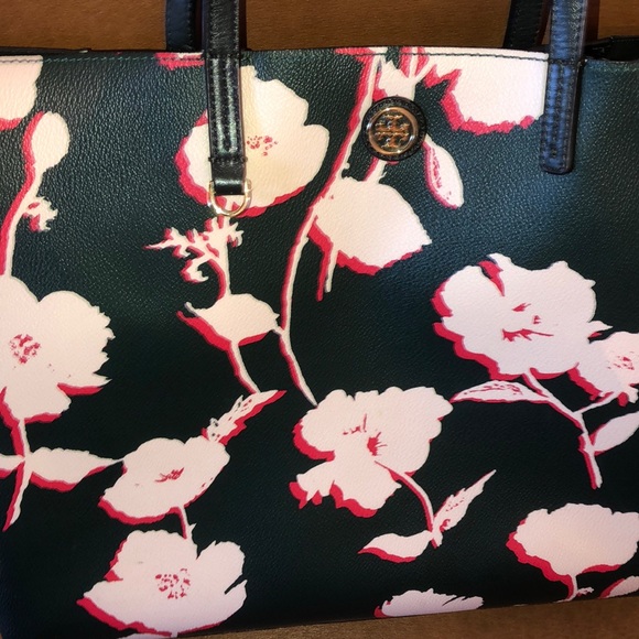 SOLD! NWT Tory Burch Floral Tote Bag -Dark Green Leather - Picture 12 of 16